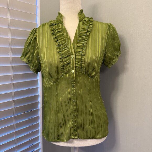 IZ Byer Y2K Green Button Down Top Chic Business Blouse XL - Picture 1 of 10